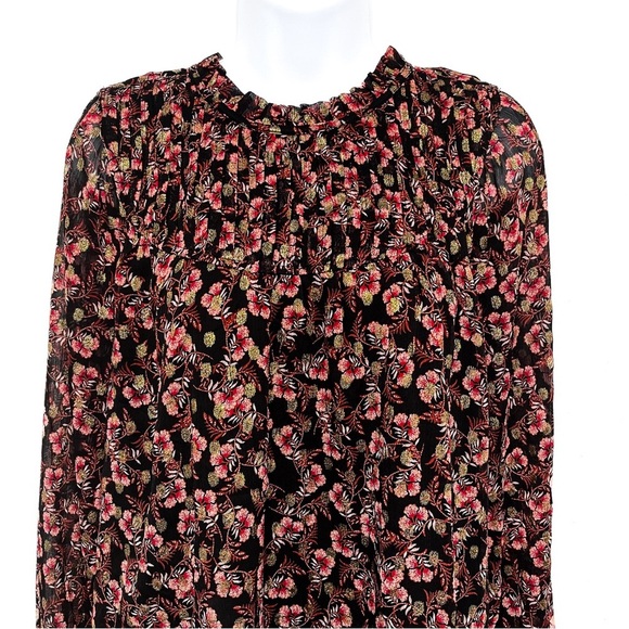 LOFT Shimmer Vine Pleated Yoke Metallic Floral Print Semi Sheer Blouse Top XS - Picture 3 of 10